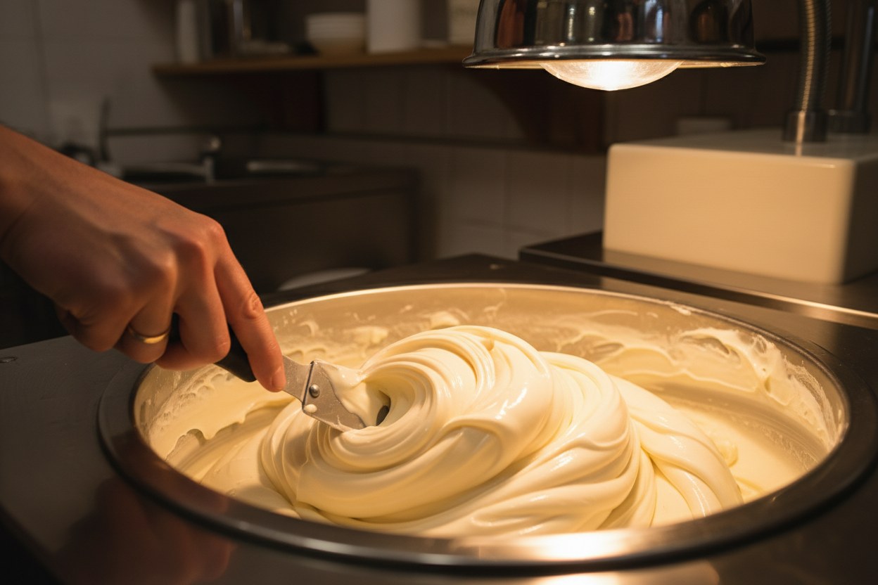 Mantekatörde döndürülen gelato ve ustanın eli