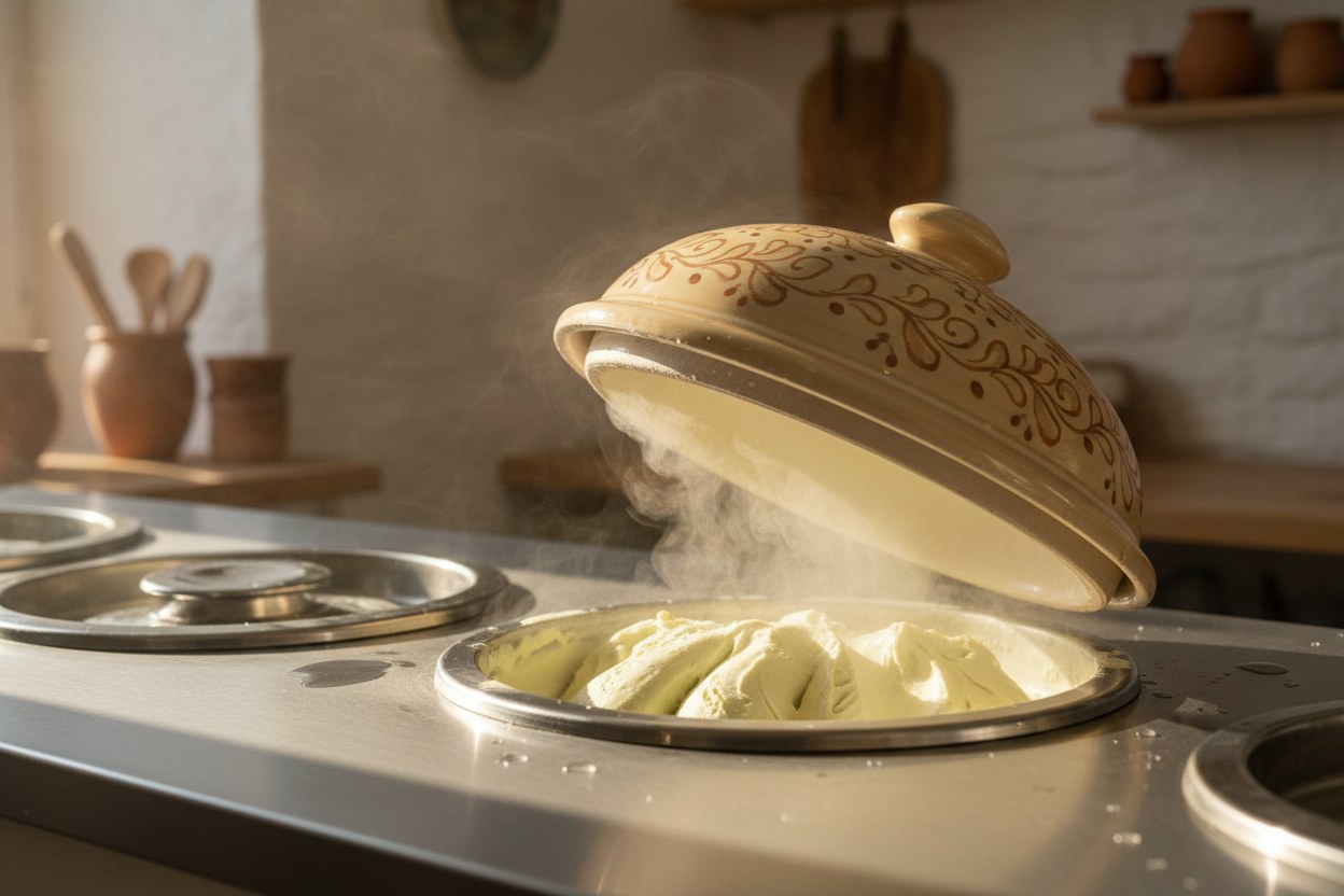 Sırlı seramik kabından alınan, günün taze gelatosu